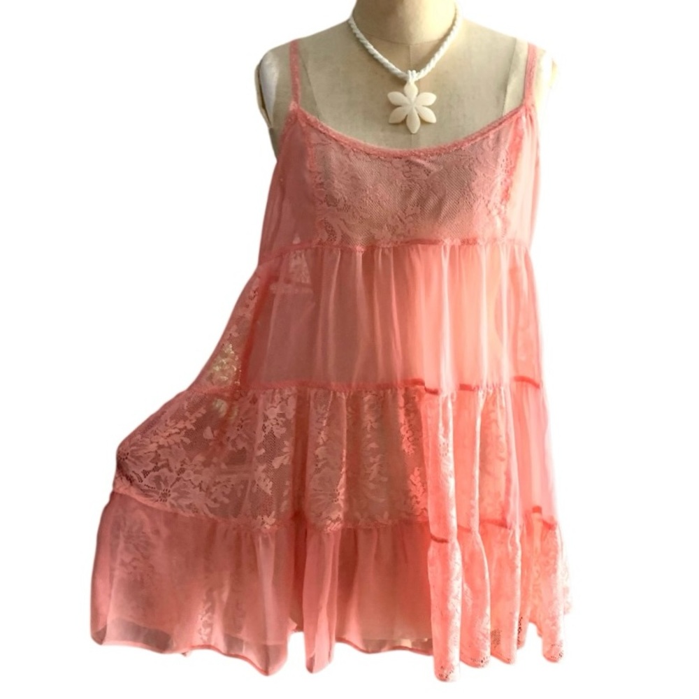 Free People Intimately tiered chiffon and lace pink babydoll slip dress- XS - Picture 6 of 11